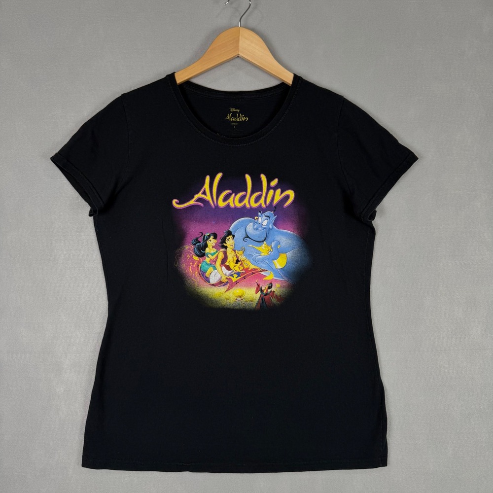 Disney Aladdin T Shirt Womens Large Black Good Graphic Genie Jasmine Movie Tee